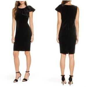 Eliza J Black Velvet Cocktail Dress with One-Shoulder Dramatic Bow, Size 2